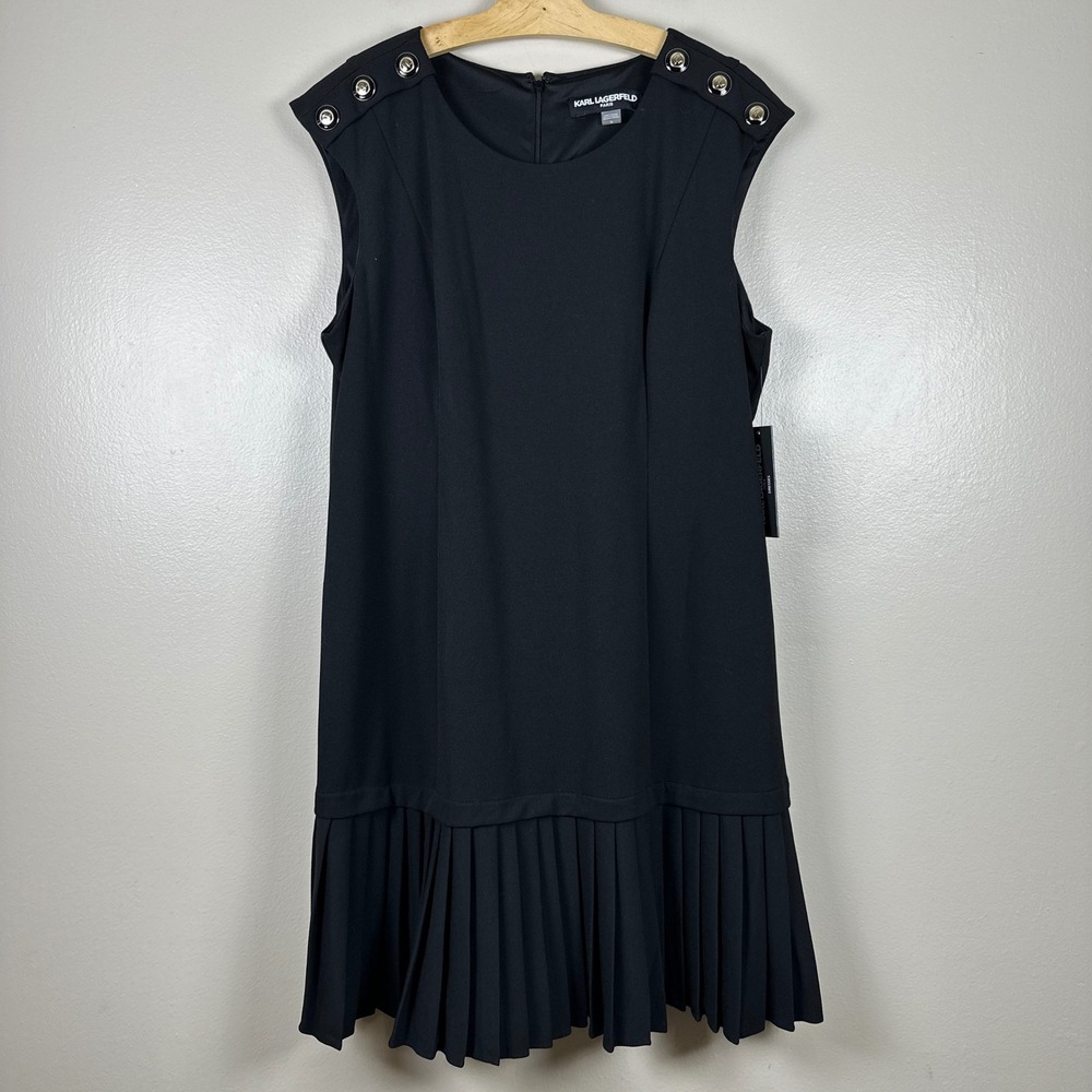 Karl Lagerfeld Paris Women's 16 Shift Dress Black Pleated Button NEW